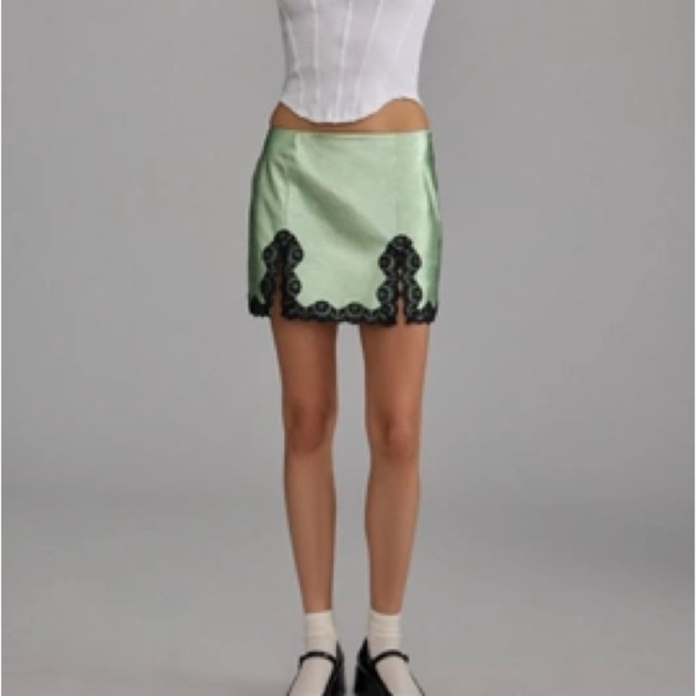 Anna Sui Green and Black Lace metallic leather skirt